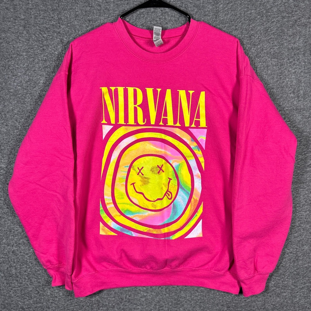 Nirvana Sweatshirt Mens Large Pink Smiley Face Graphic Gildan Pullover Crewneck